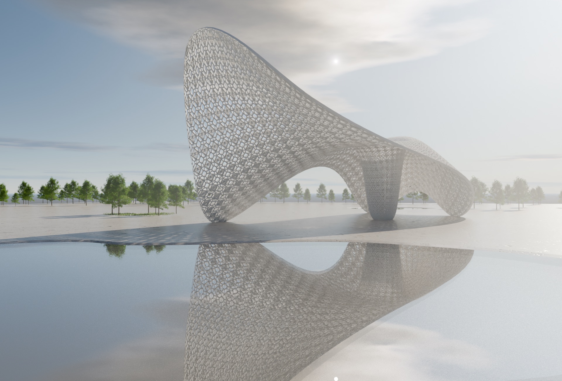 an open garden with a parametric sculptural pavilion, 2024