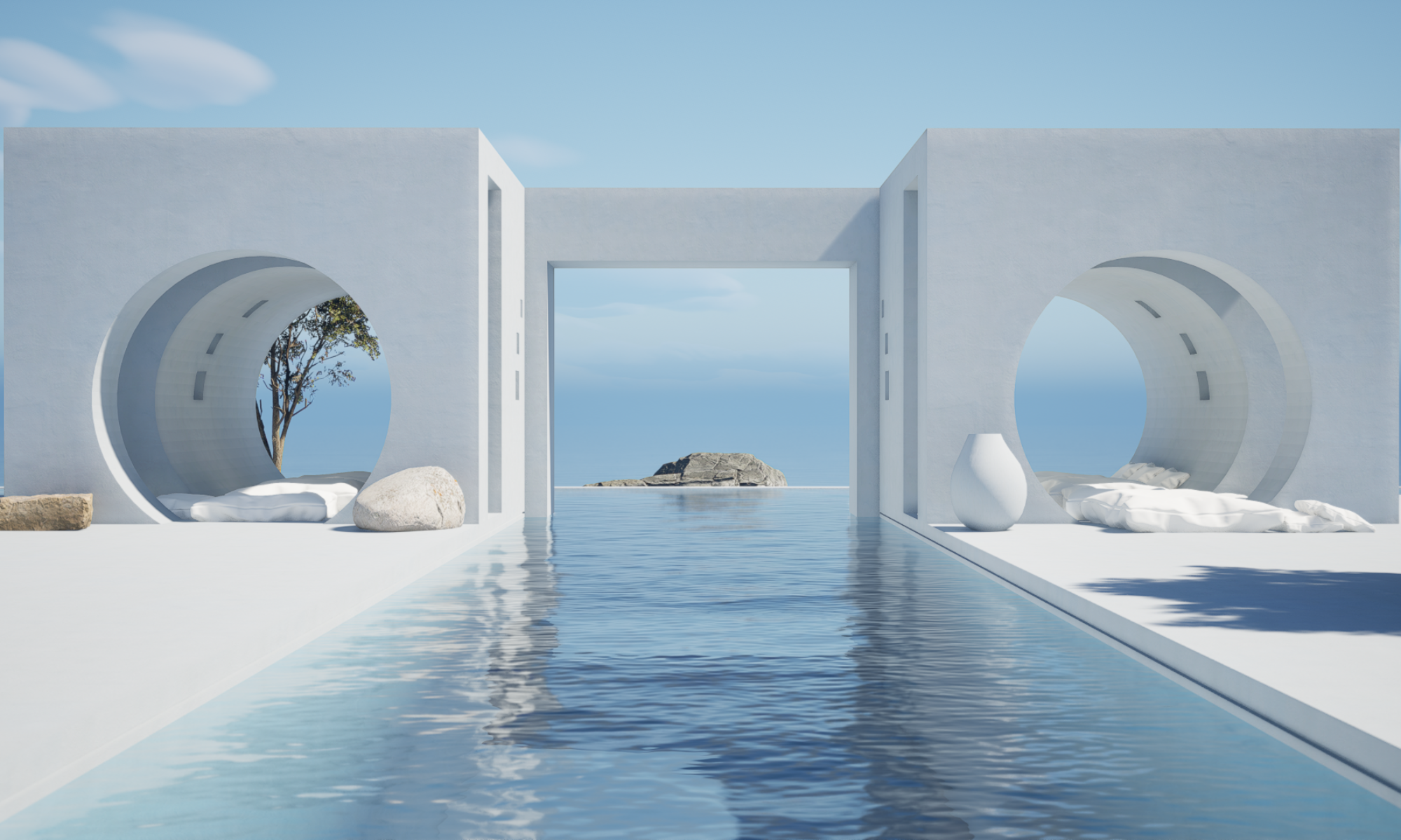 villa greece with a long dream pool, mediterranean paradise, abstract vases, architecture, sea on background, circles design openings, and rocks lay around the pavement