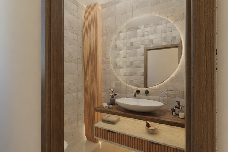 biophilic design bathroom for relax, restroom, lavatory, symmetry mirror
