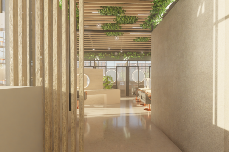 vertical wooden lines, plants hanging of the ceiling and greenmails and marble floor architecture, Moscow, biophilic restorative co-working beauty spa hair massage make-up salon curvilinear design